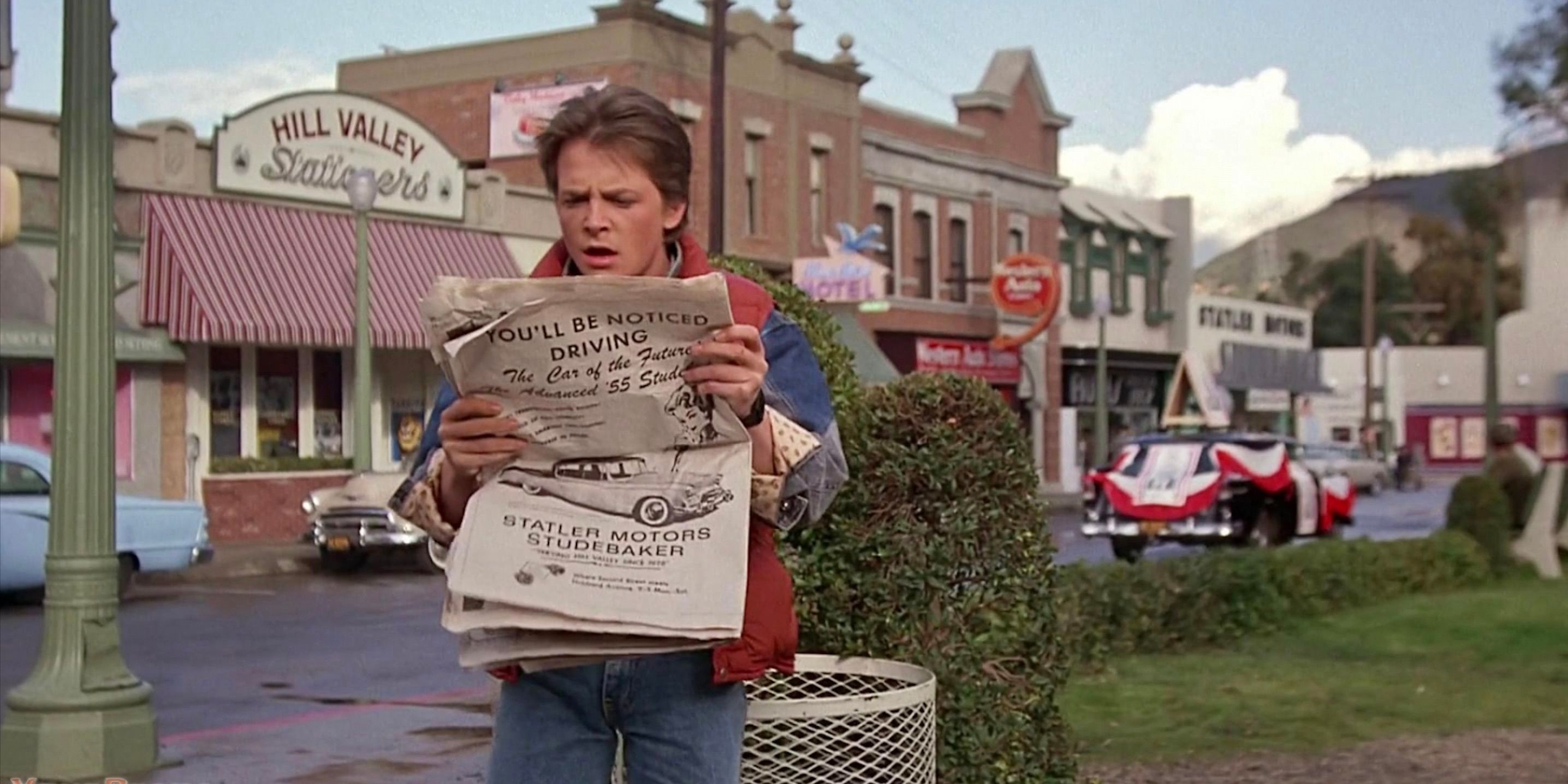 Michael J Fox reading a newspaper in Back to the Future