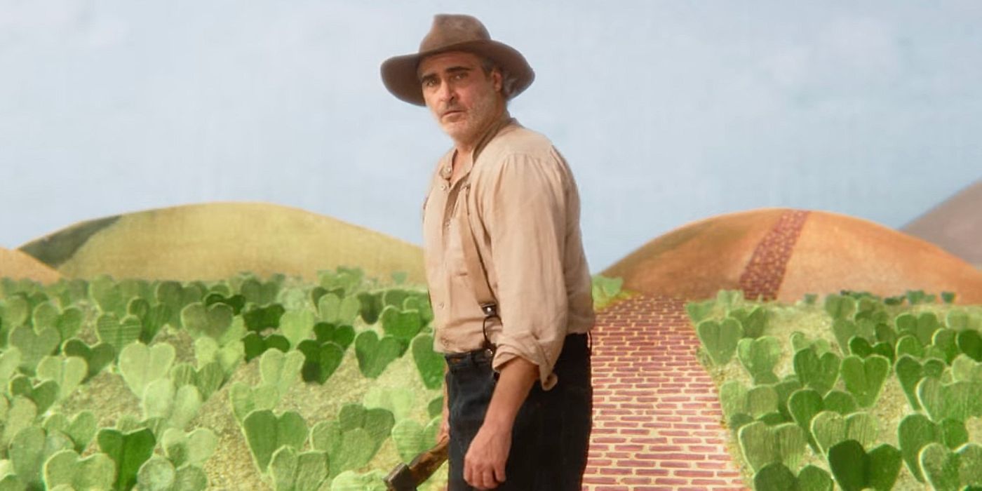 Joaquin Phoenix devant un paysage peint dans Beau a peur.