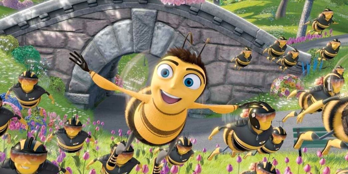 Jerry Seinfeld as Barry B. Benson flying with a swarm of bees in the Bee Movie