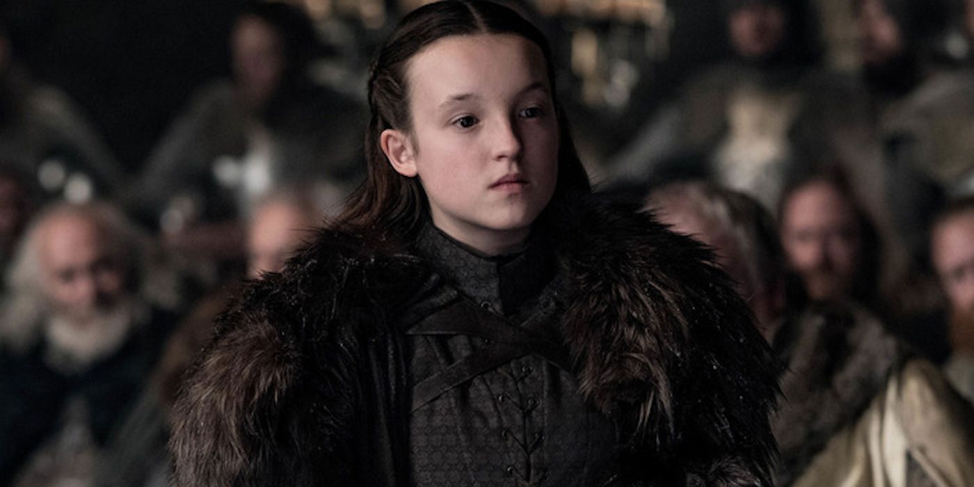 Lady Lyanna Mormont looking determined off-camera in Game of Thrones