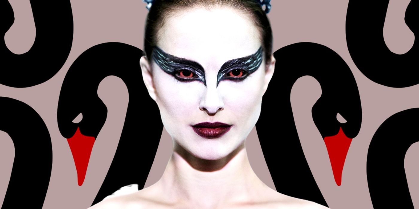 Blended image showing Natalie Portman in Black Swan and two black swans in the background.