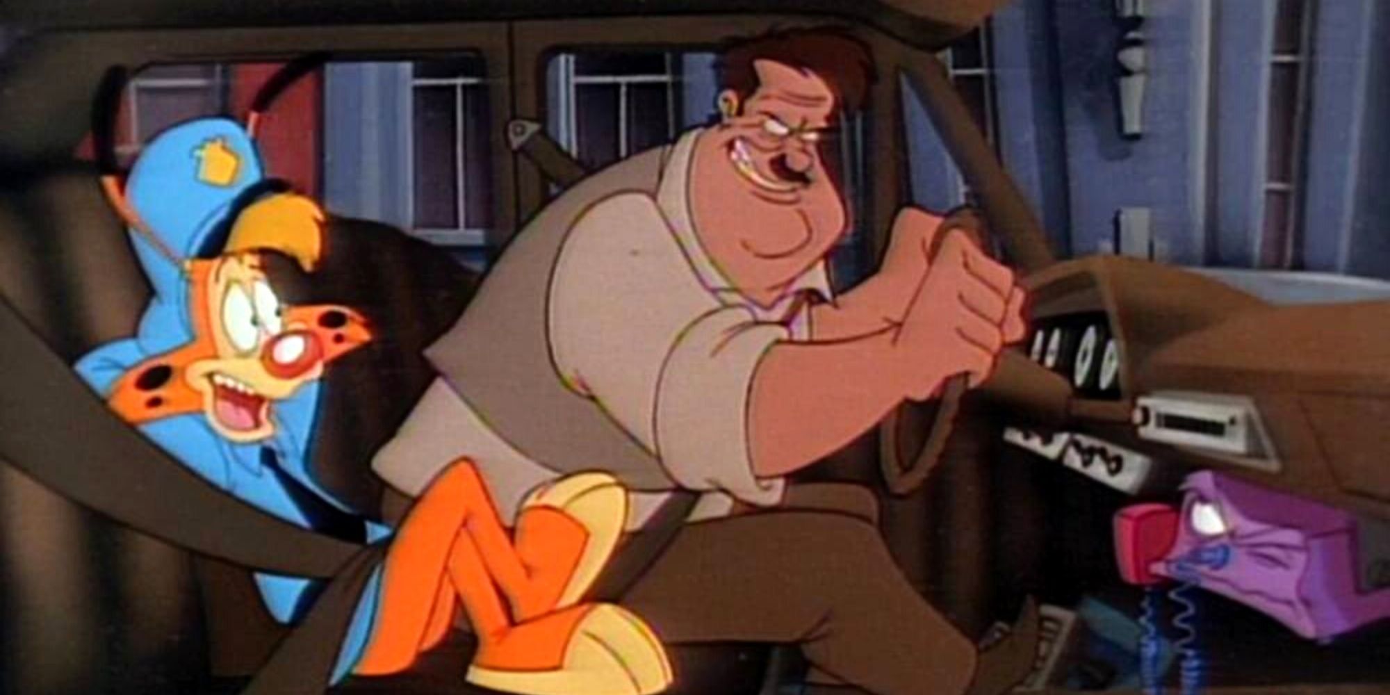 Bonkers curvado para trás na frente de um carro da polícia ao lado do detetive Piquel no show Bonkers da Disney
