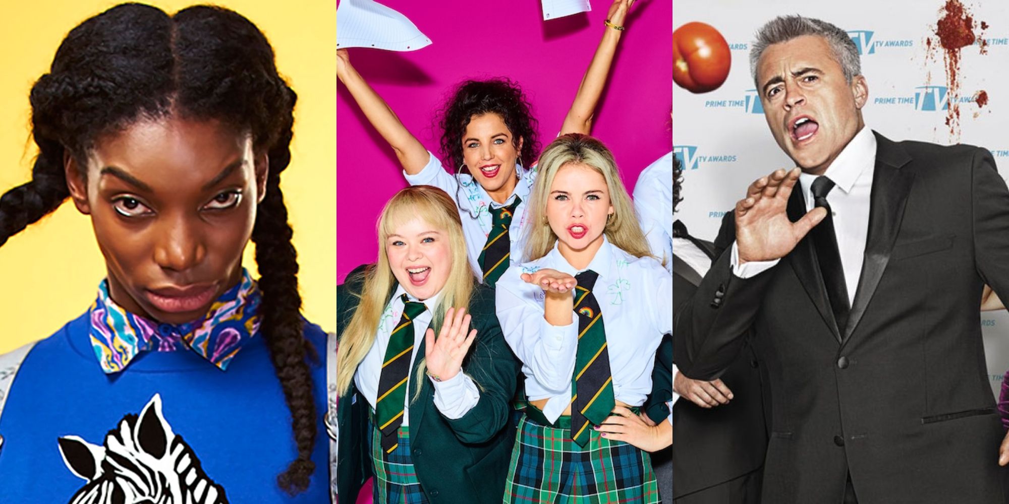 Split image showing characters from Chewing Gum, Derry Girls, and Episodes