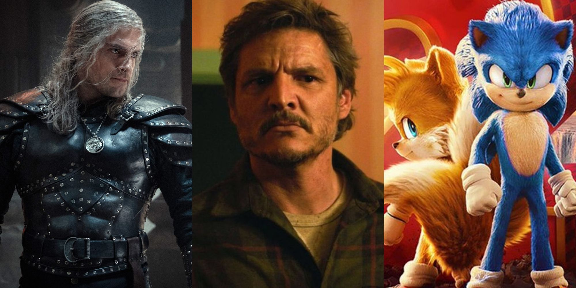 Split image showing characters from The Witcher, The Last of Us, and Sonic the Hedgehog 2