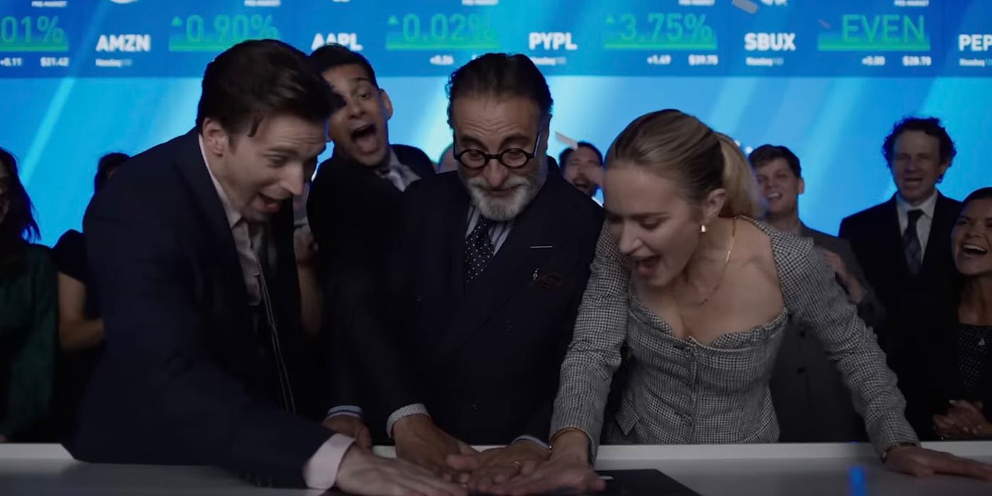 Chris Evans, Andy Garcia, and Emily Blunt  laughing excitedly in Pain Hustlers