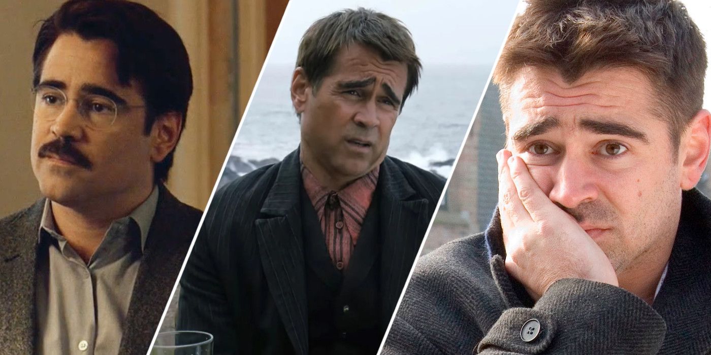 Split image showing Colin Farrell in The Lobster, The Banshess of Inisherin, and In Bruges