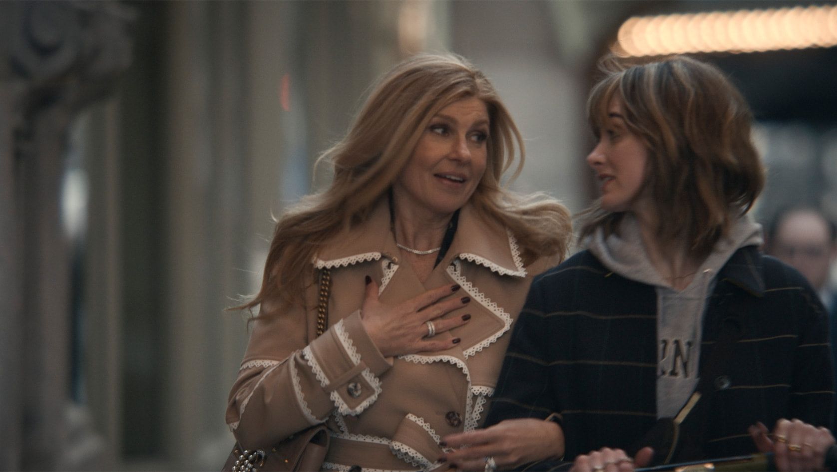 Connie Britton as Dee Dee and Audrey Corsa as Zoe walking down the street in in Dear Edward