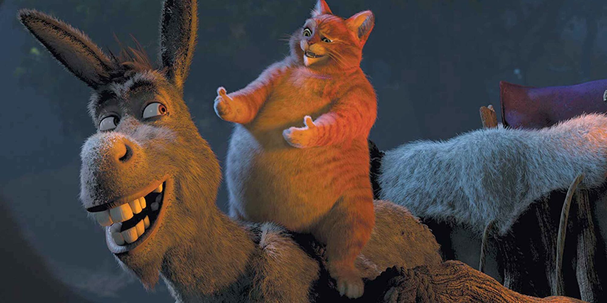 Donkey looking back at Puss who is sitting on his back in Shrek Forever After
