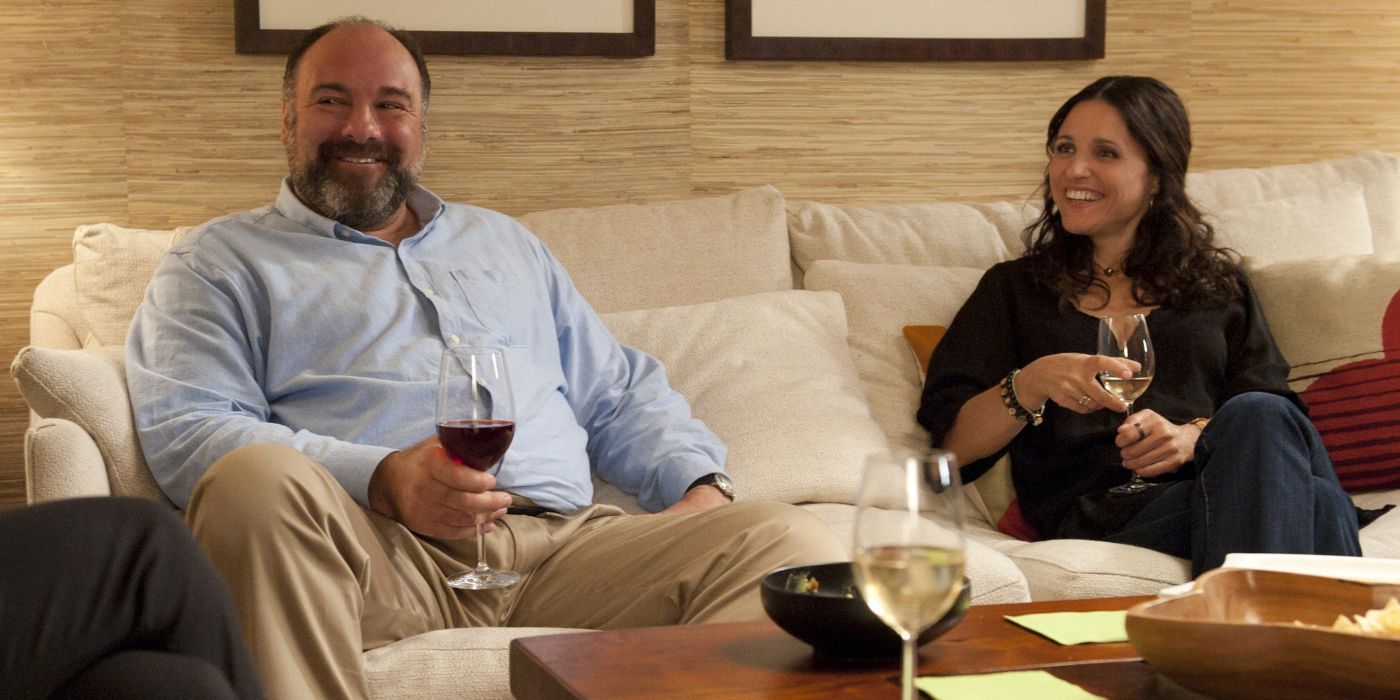 A screenshot of the main characters in Enough Said (2013) played by James Gandolfini and Julia Louis-Dreyfus sitting on a couch smiling