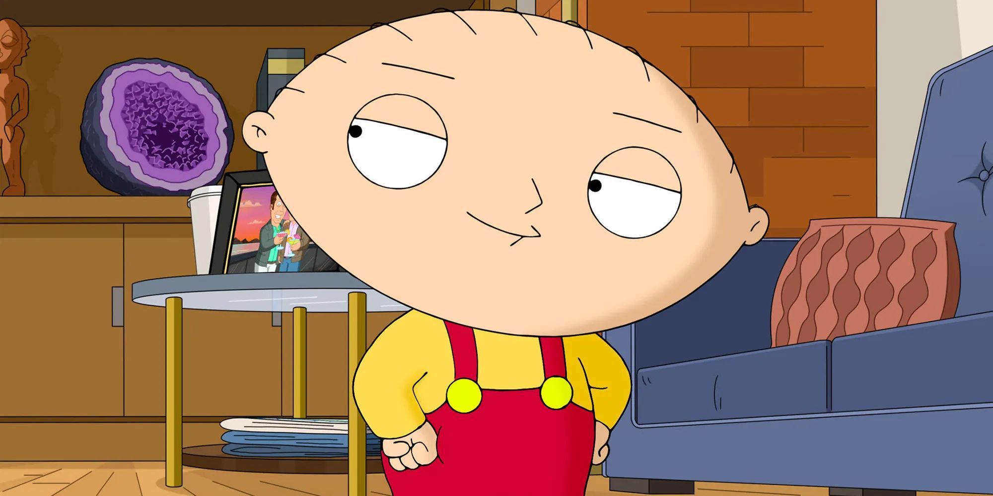 Stewie looks mischievously at a crystal on a shelf