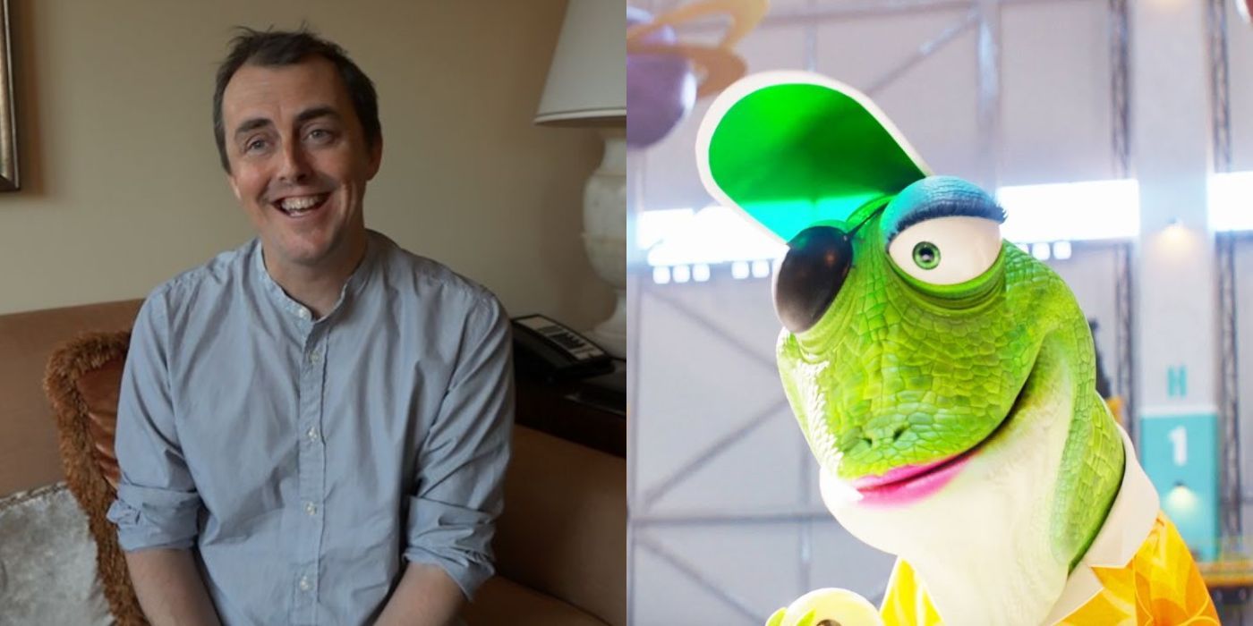 Garth Jennings side-by-side with his Sing 2 character Miss Crawly