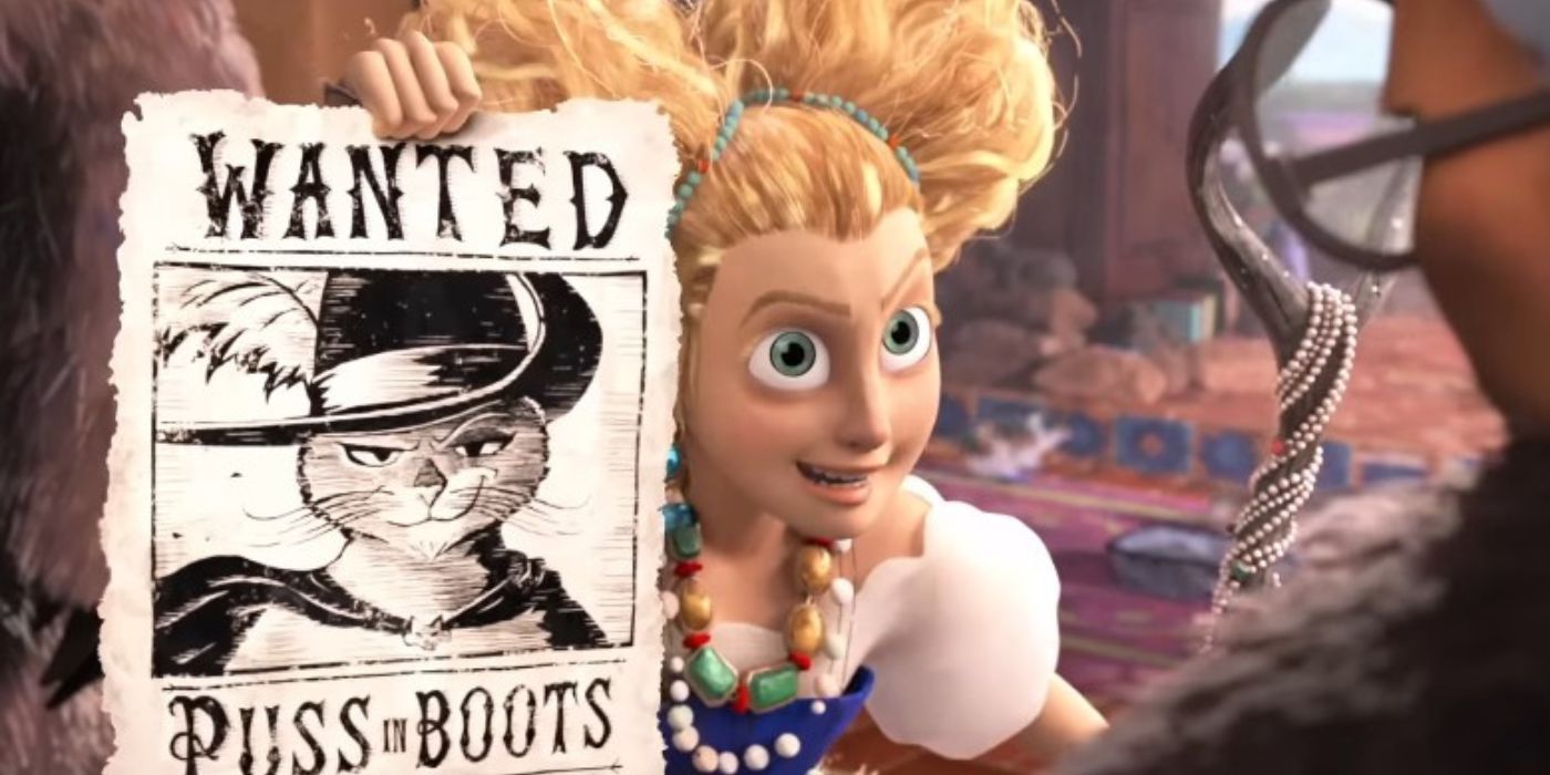 Goldilocks showing a Wanted poster with Puss' face in it in Puss in Boots The Last Wish