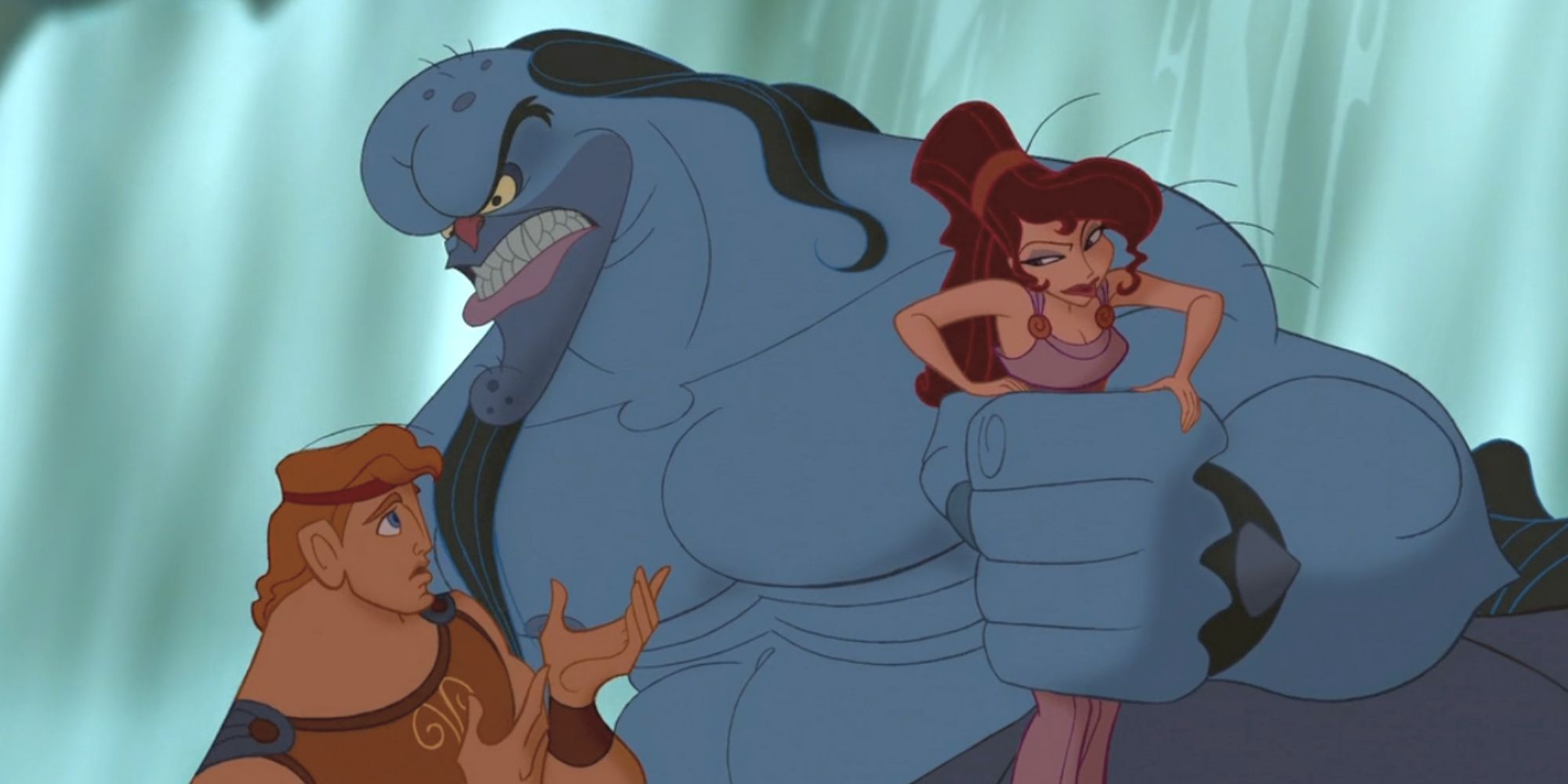 Hércules tenta falar com Nessus que segura Meg na mão no filme Hércules