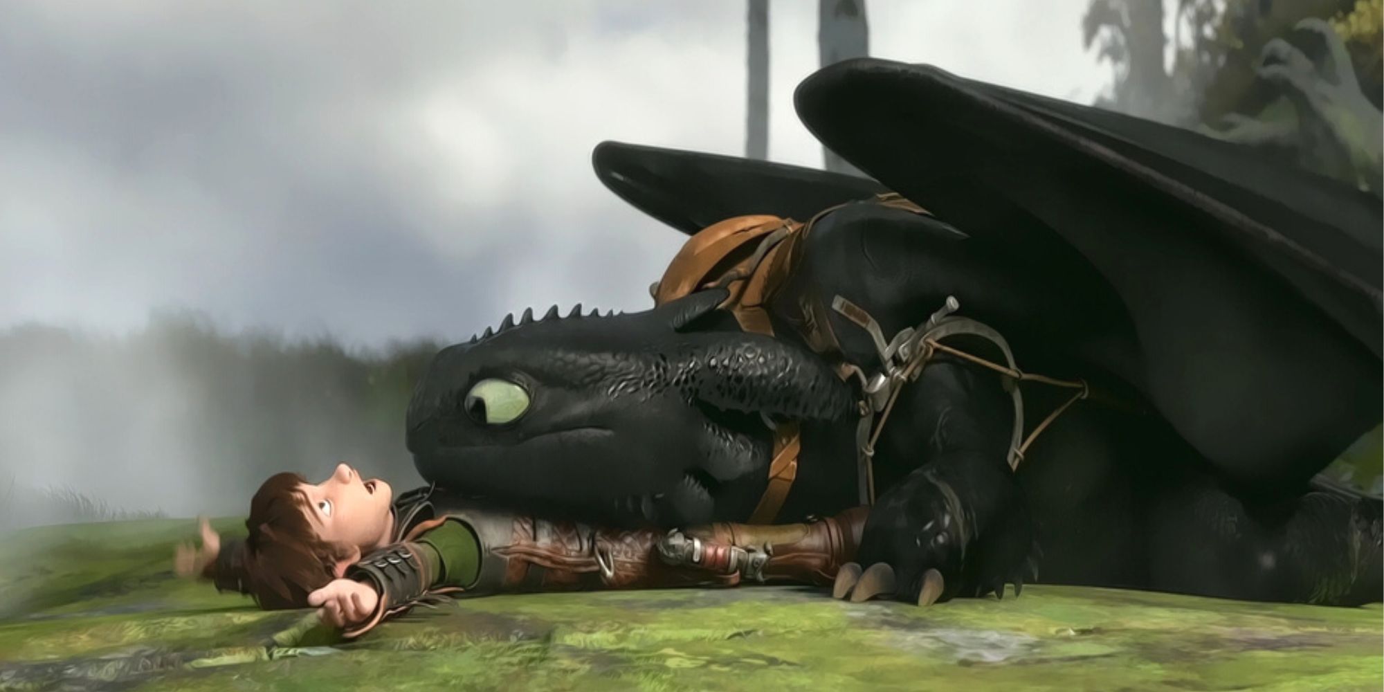 Toothless laying on top of Hiccup in How To Train Your Dragon 2 (2014)