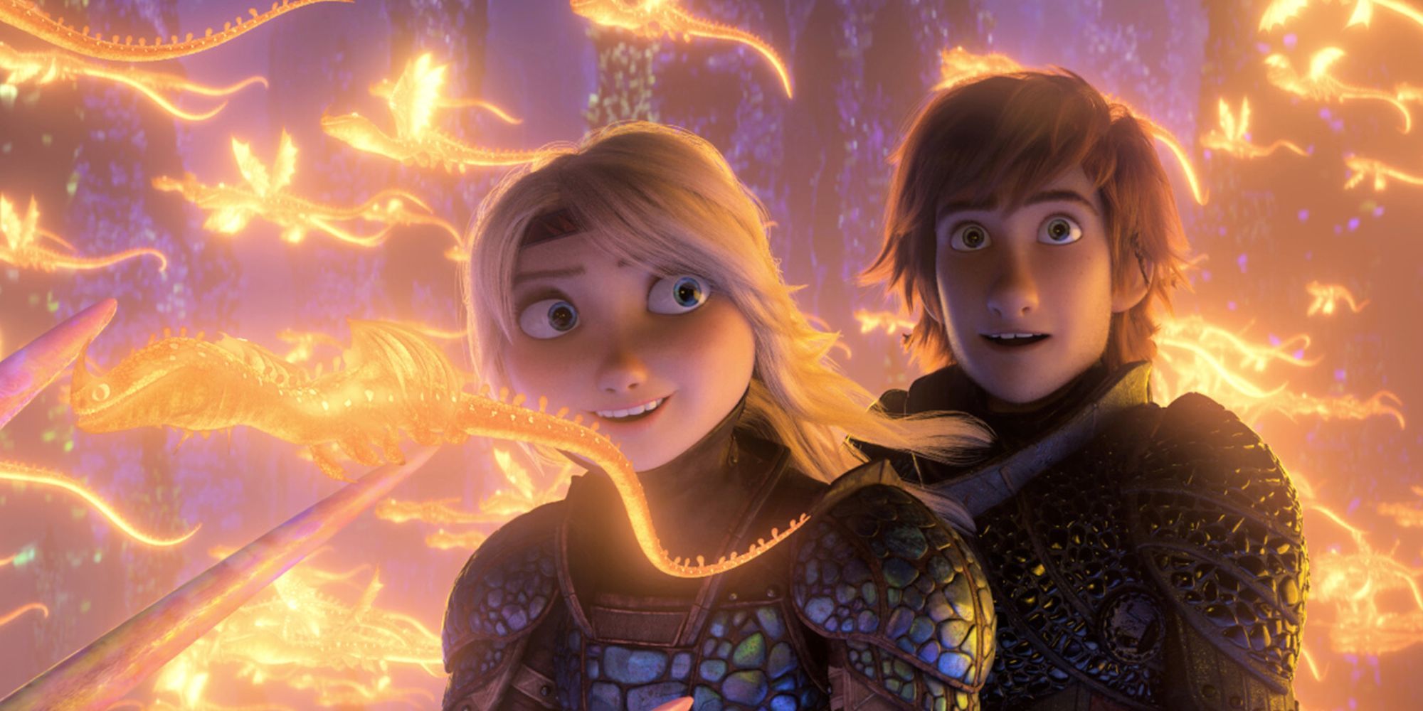 Hiccup and Astrid flying through a swarm of small golden dragons flying around them in How to Train Your Dragon: The Hidden World