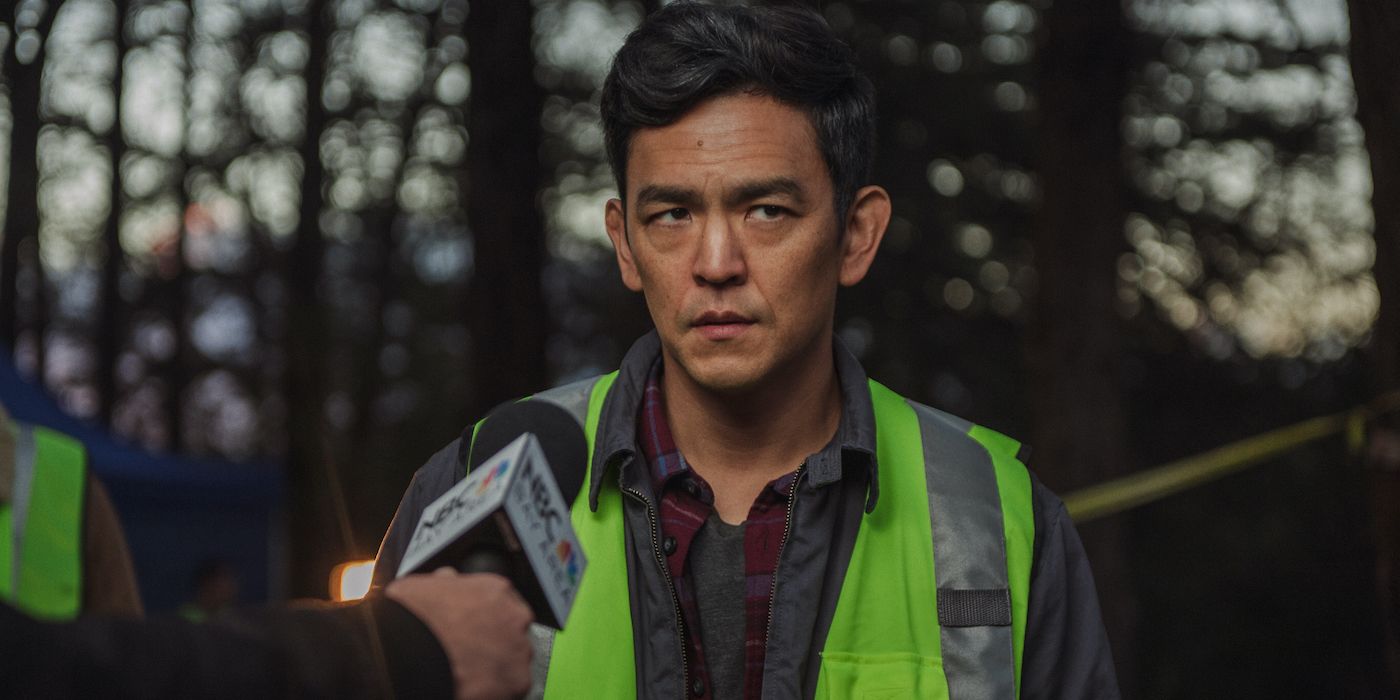 John Cho as David Kim being interviewed in Searching