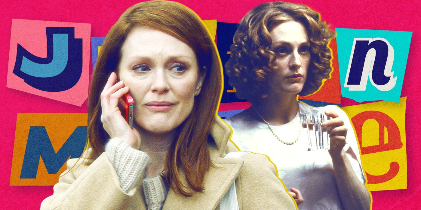 Blended image showing Julianne Moore in two movies with her name in the background.