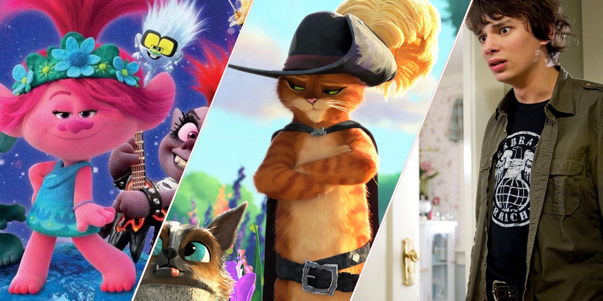 A collage of movies featuring Poppy from Trolls: World Tour, Puss in Boots from Puss in Boots: The Last Wish and Rodrick Heffley from Diary of a Wimpy Kid: Rodrick Rules