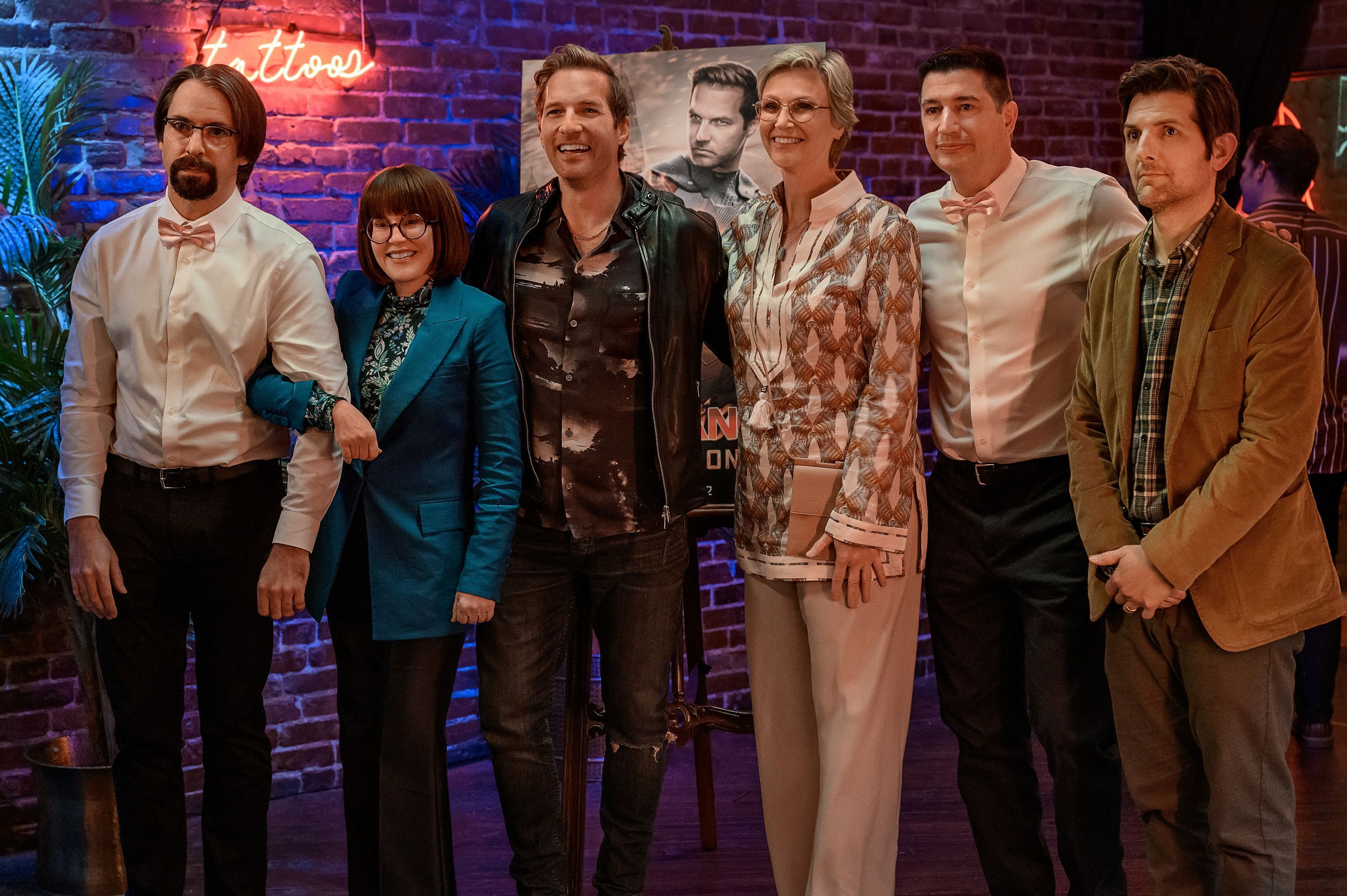 Martin Starr, Megan Mullaly, Ryan Hansen, Jane Lynch, Ken Marino and Adam Scott in Party Down Season 3