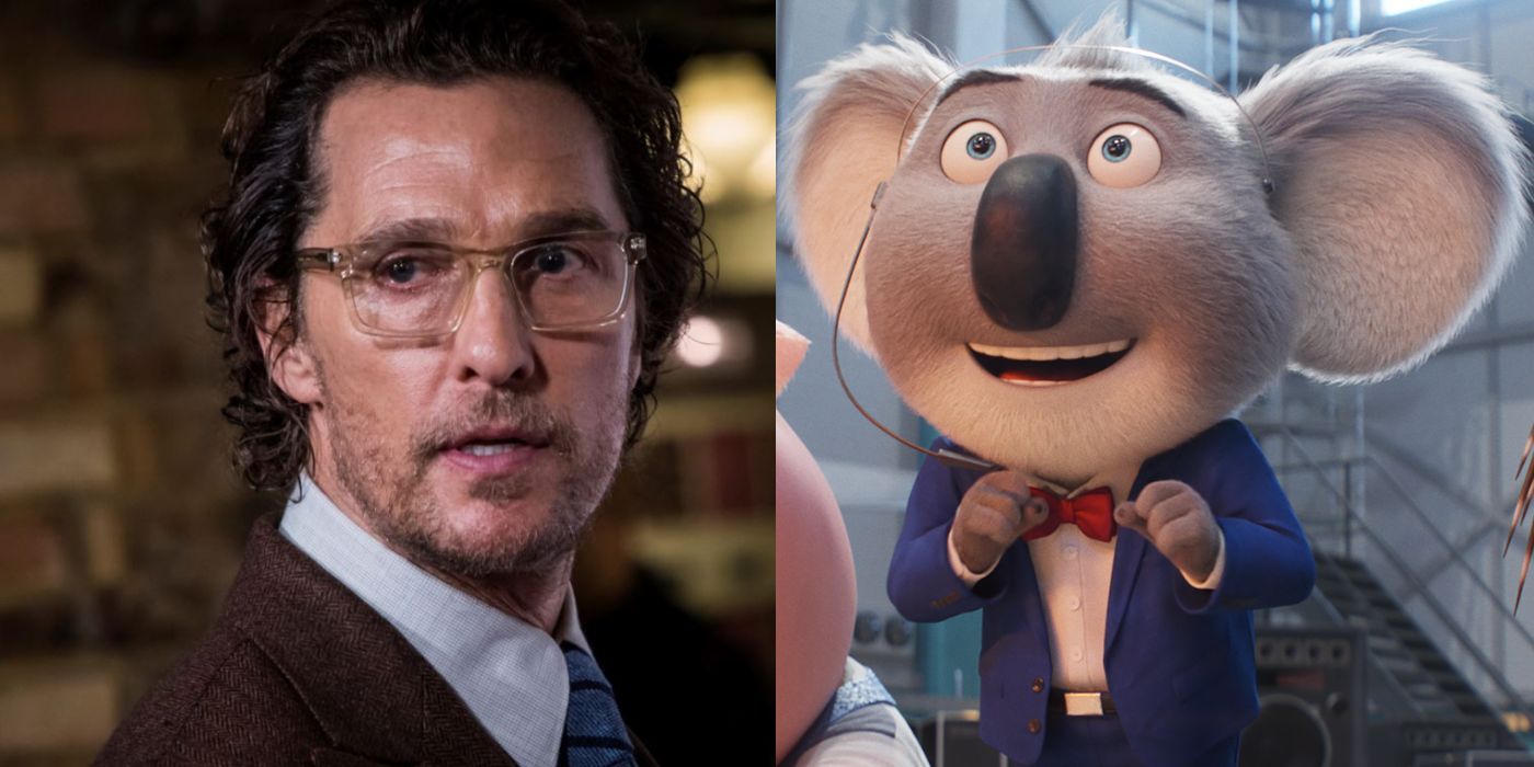 Matthew McConaughey side-by-side with his Sing 2 character Buster Moon