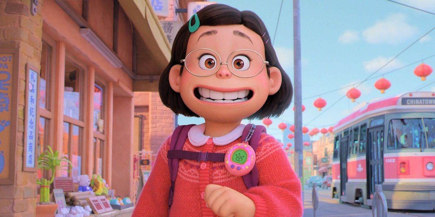 A young girl smiles gleefully as she walks down the street in the animated movie 'Turning Red'.