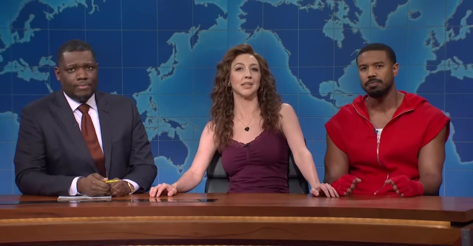 Michael Che, Michael B. Jordan and Heidi Gardner on Weekend Update