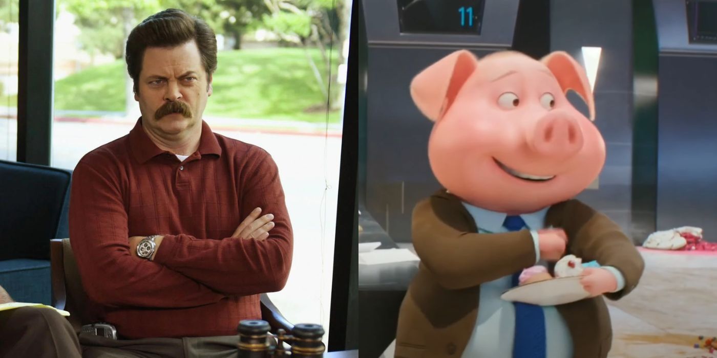 Nick Offerman side-by-side his Sing 2 character Norman