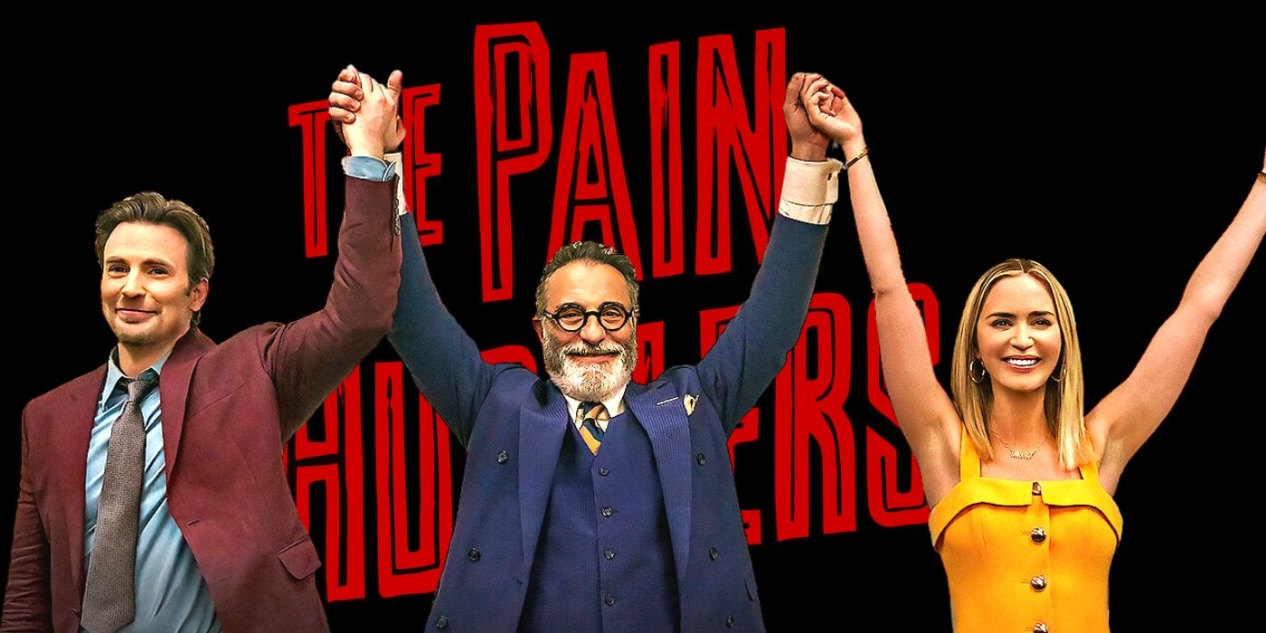 Emily Blunt, Chris Evans, and Andy Garcia in Pain Hustlers