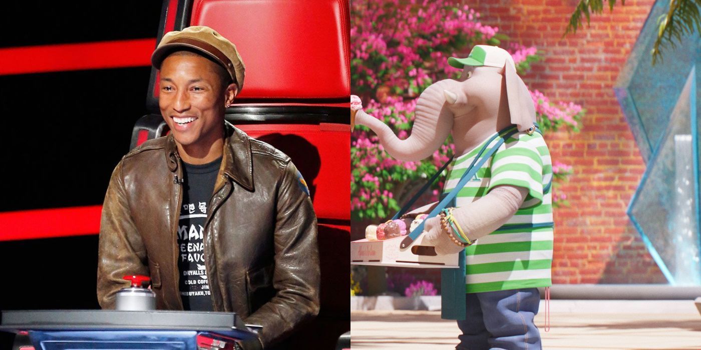Pharrell Williams side-by-side with his Sing 2 character Alfonso