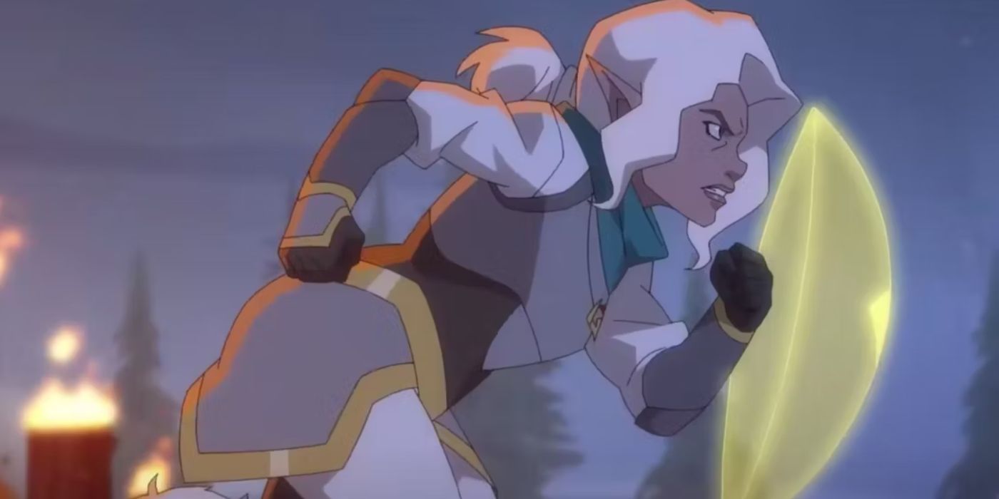 Pike, voiced by Ashley Johnson, running forward with a determined look on her face in 'The Legend of Vox Machina'