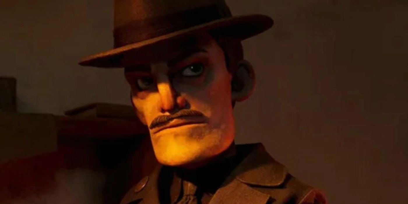 The Podesta, disuarakan oleh Ron Perlman, mengenakan topi dan melihat ke samping dengan sedih di Pinocchio Guillermo del Toro.