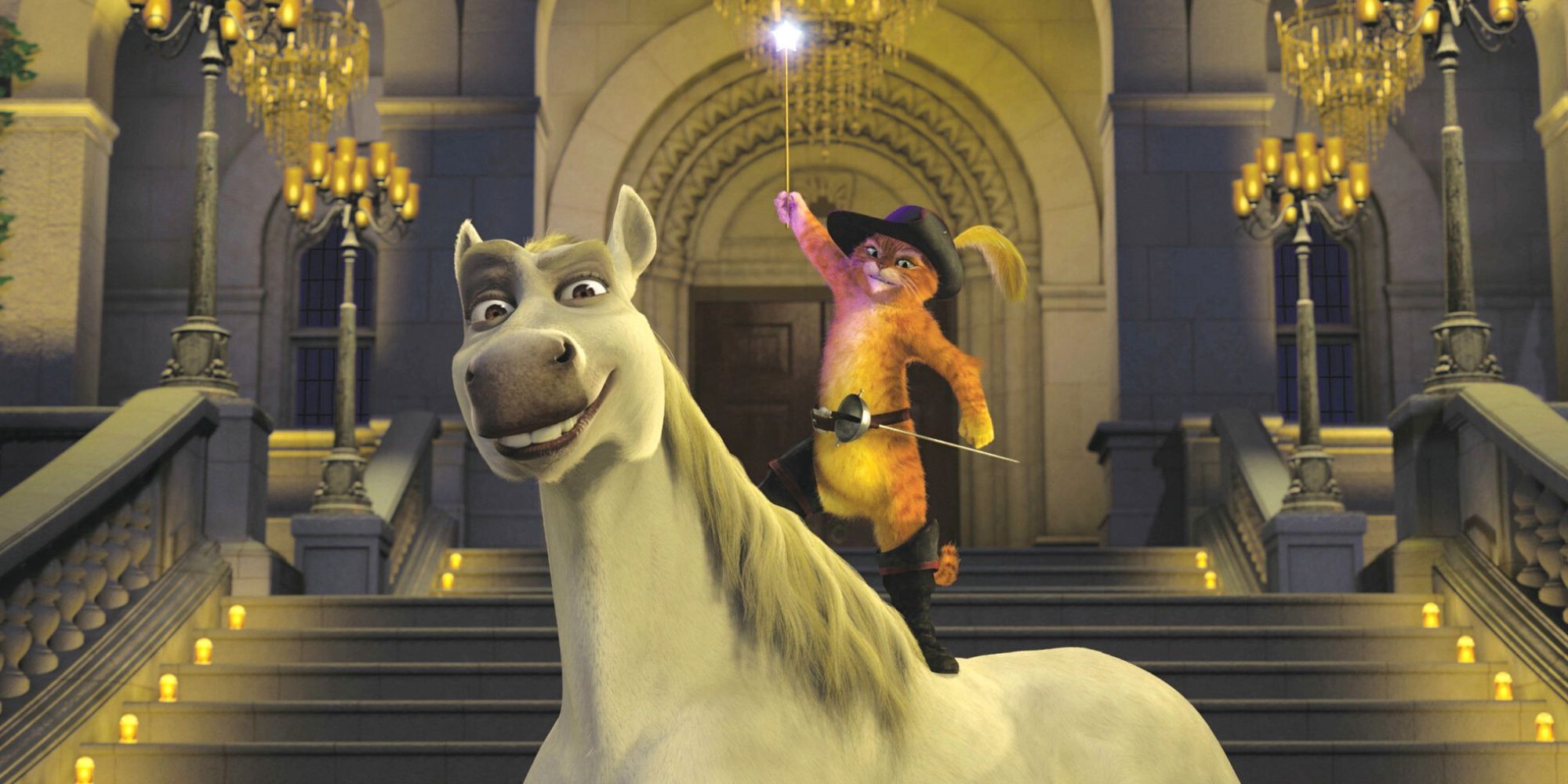 Puss in Boots holding the fairy Godmother's wand up and standing on the back of Donkey who has been turned into a white horse in Shrek 2