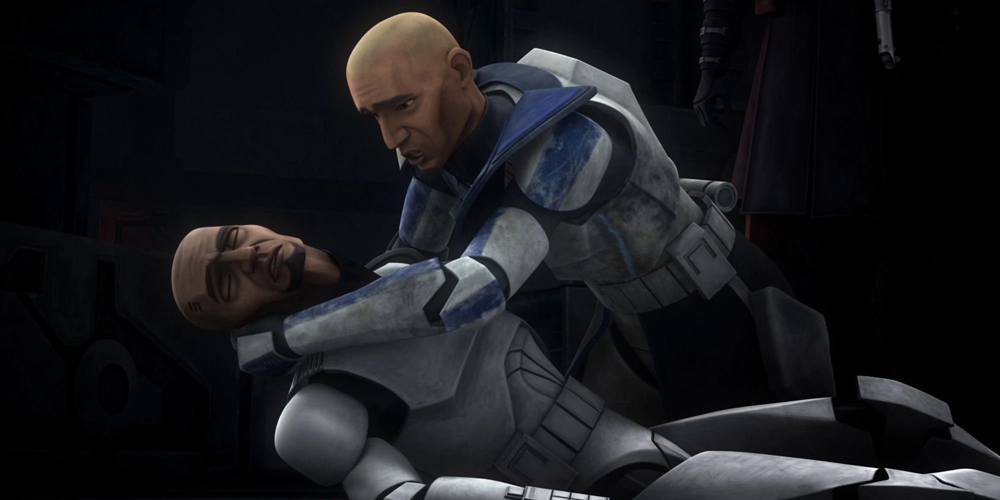 clone trooper animé tenant son frère mourant dans ses bras