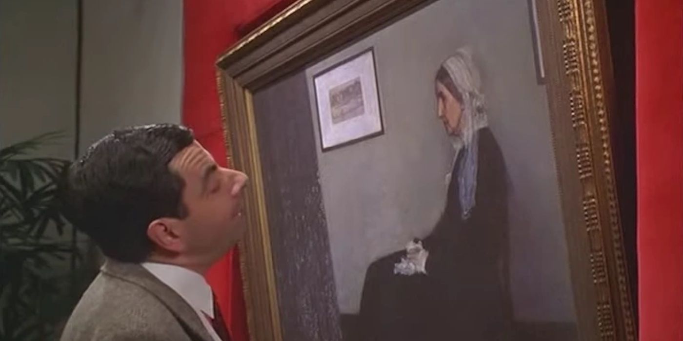 Rowan Atkinson as Mr Bean looking at Whistlers Mother in Bean 