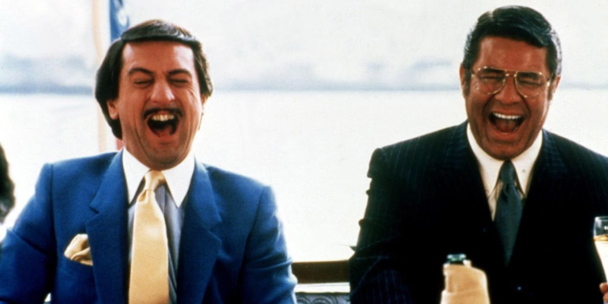 Rupert Pupkin, played by Robert De Niro, and Jerry Langford, played by Jerry Lewis, hysterically laughing in The King of Comedy