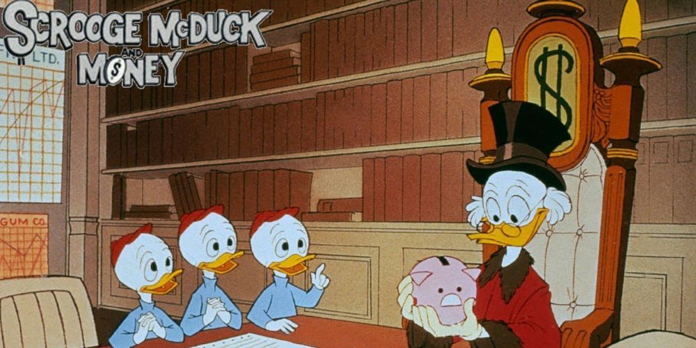Scrooge teaches Huey Dewey and Louie about money