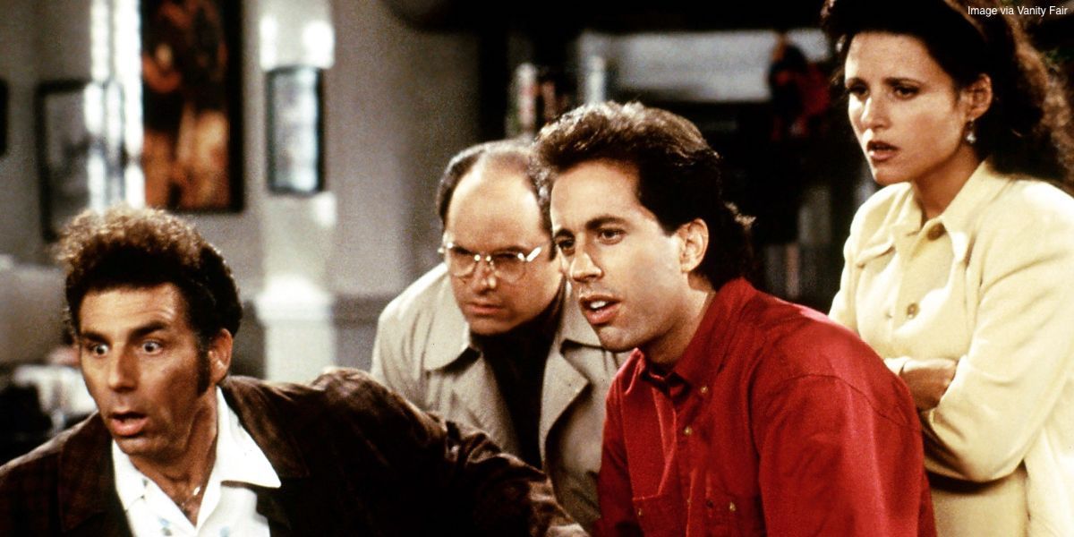 Jerry Seinfeld, Julia Louis-Dreyfus as Elaine, Jason Alexander as George, and Michael Richards as Kramer looking surprised in Seinfeld