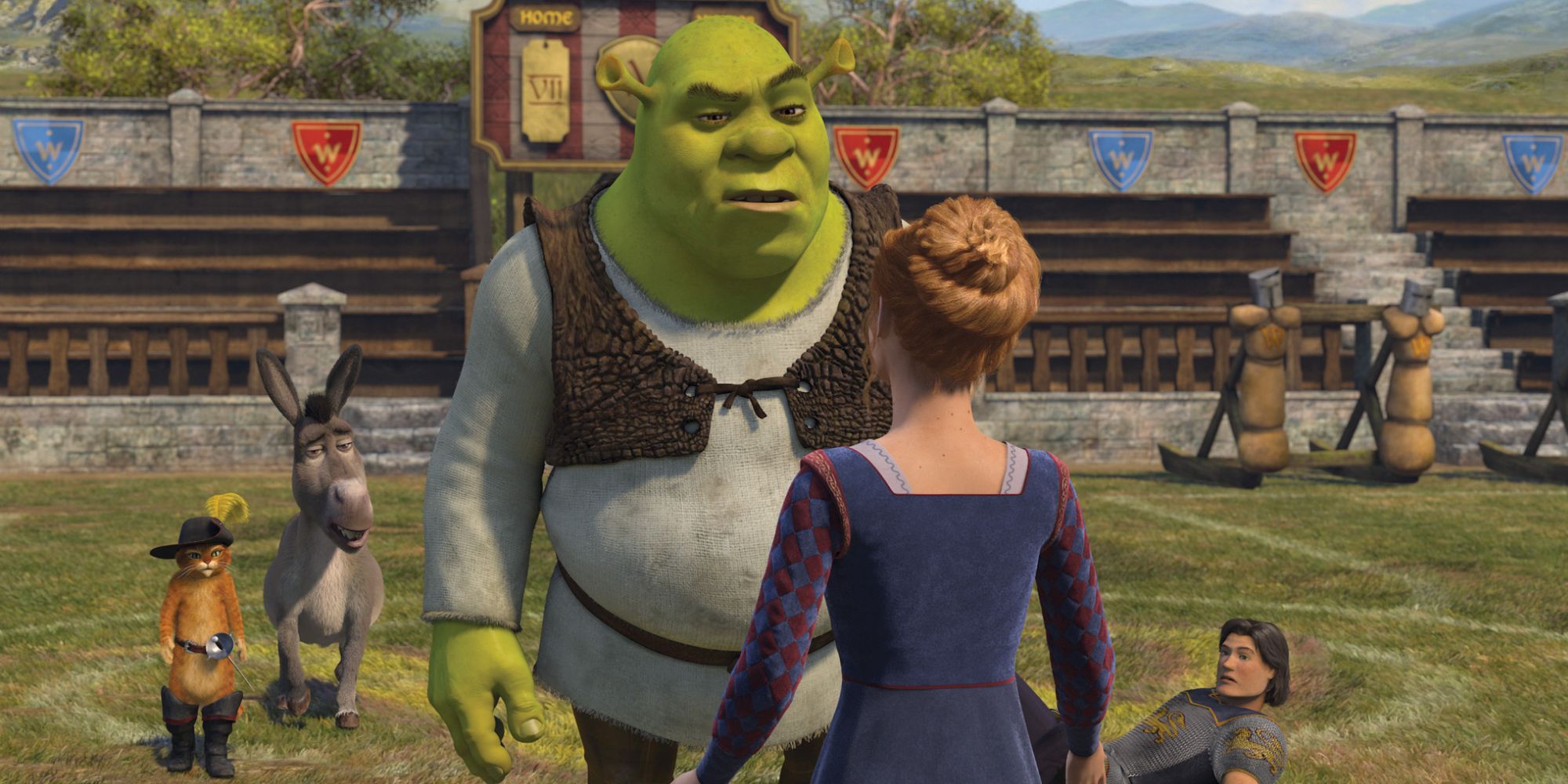 Shrek standing in front of a girl with Puss and Donkey behind him in Shrek the Third