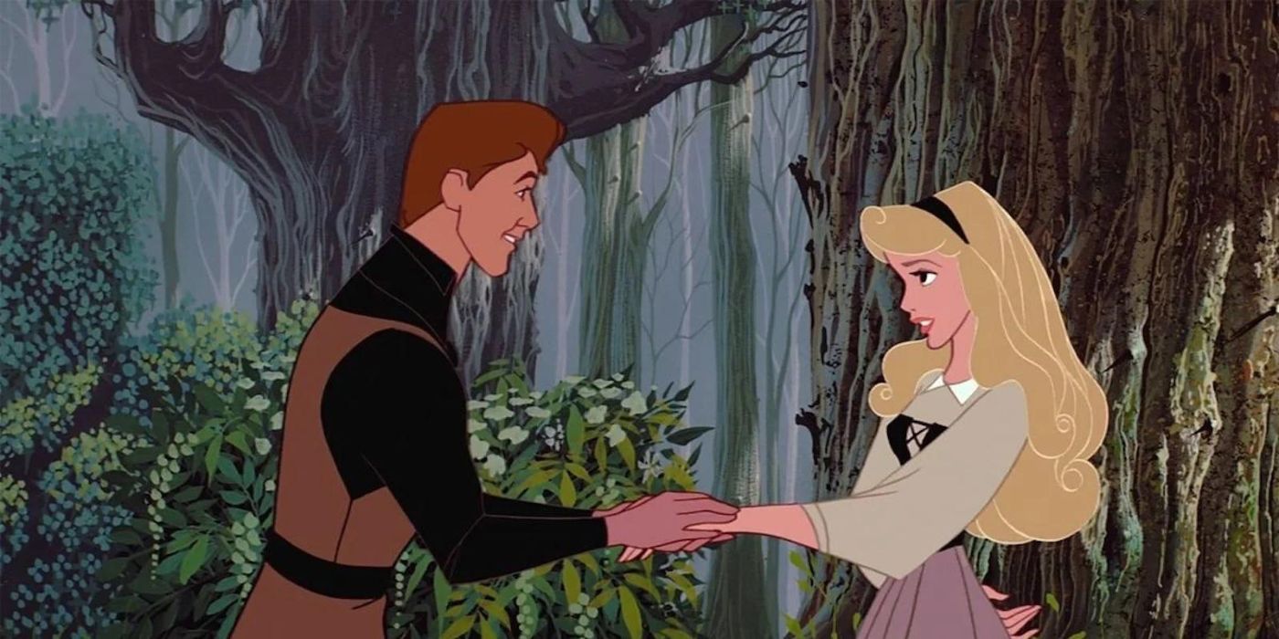 Prince Phillip holding Princess Aurora's hand in the woods during their first meeting in 'Sleeping Beauty'