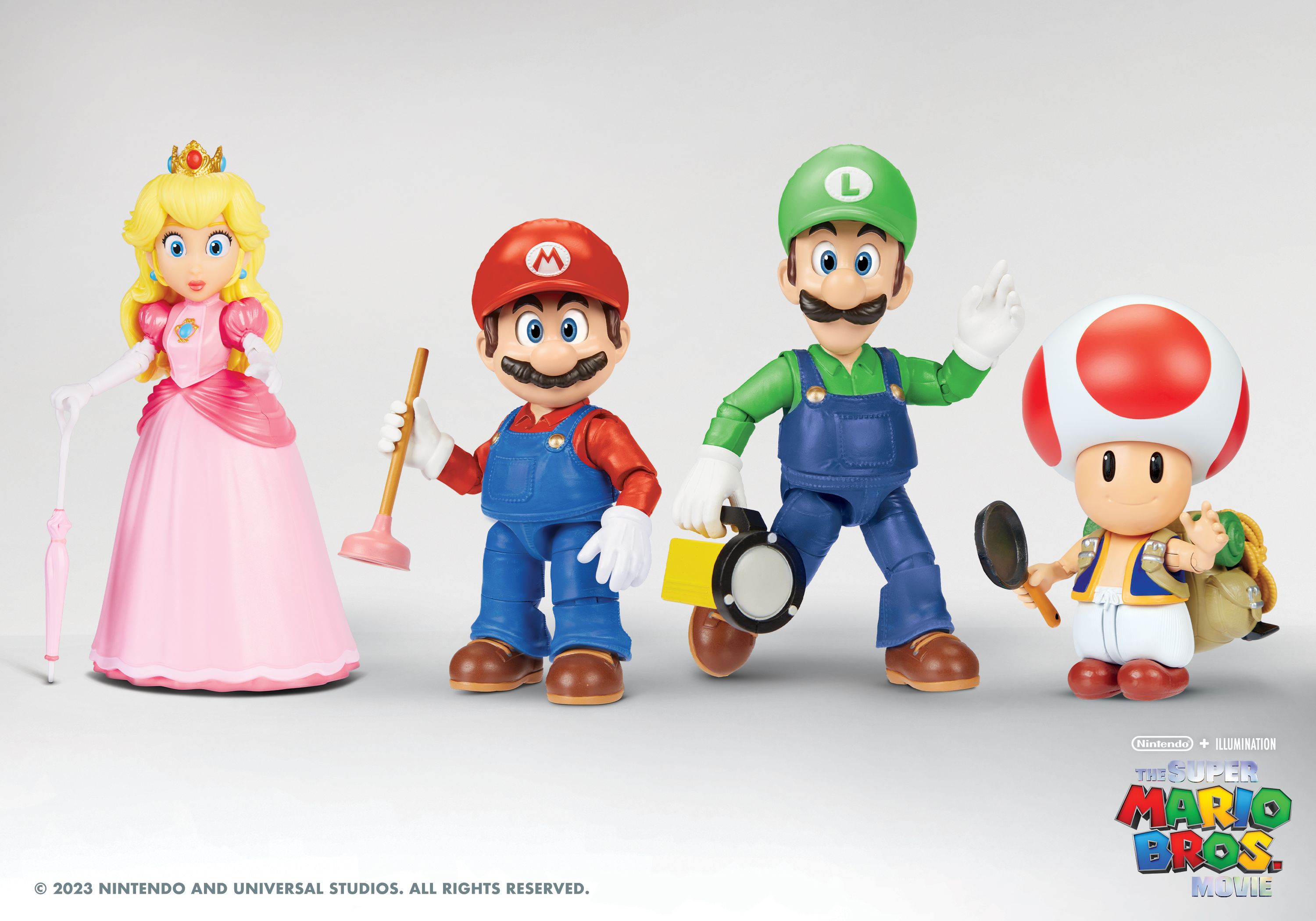 Peach, Mario, Luigi, and Toad figures from JAKKS Pacific's new line of Super Mario Bros toys