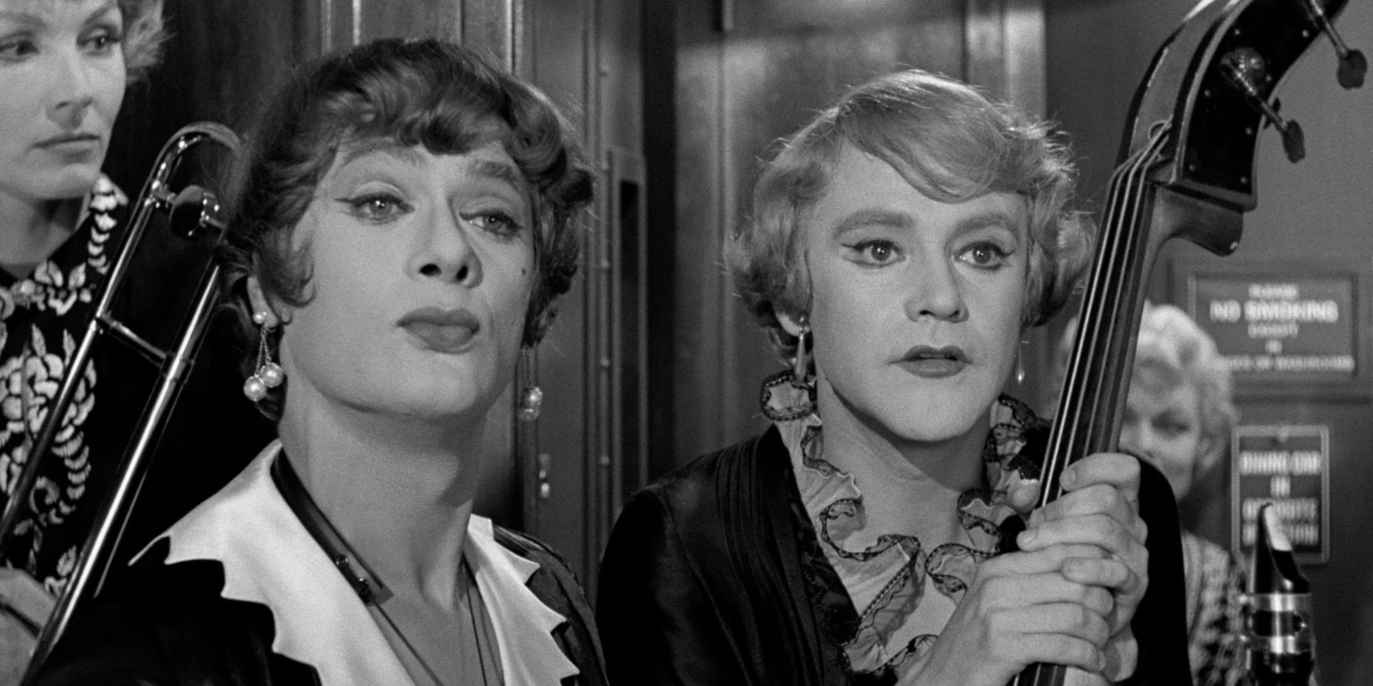 Tony Curtis and Jack Lemmon as Josephine and Jerraldine looking in the same direction in Some Like It Hot.