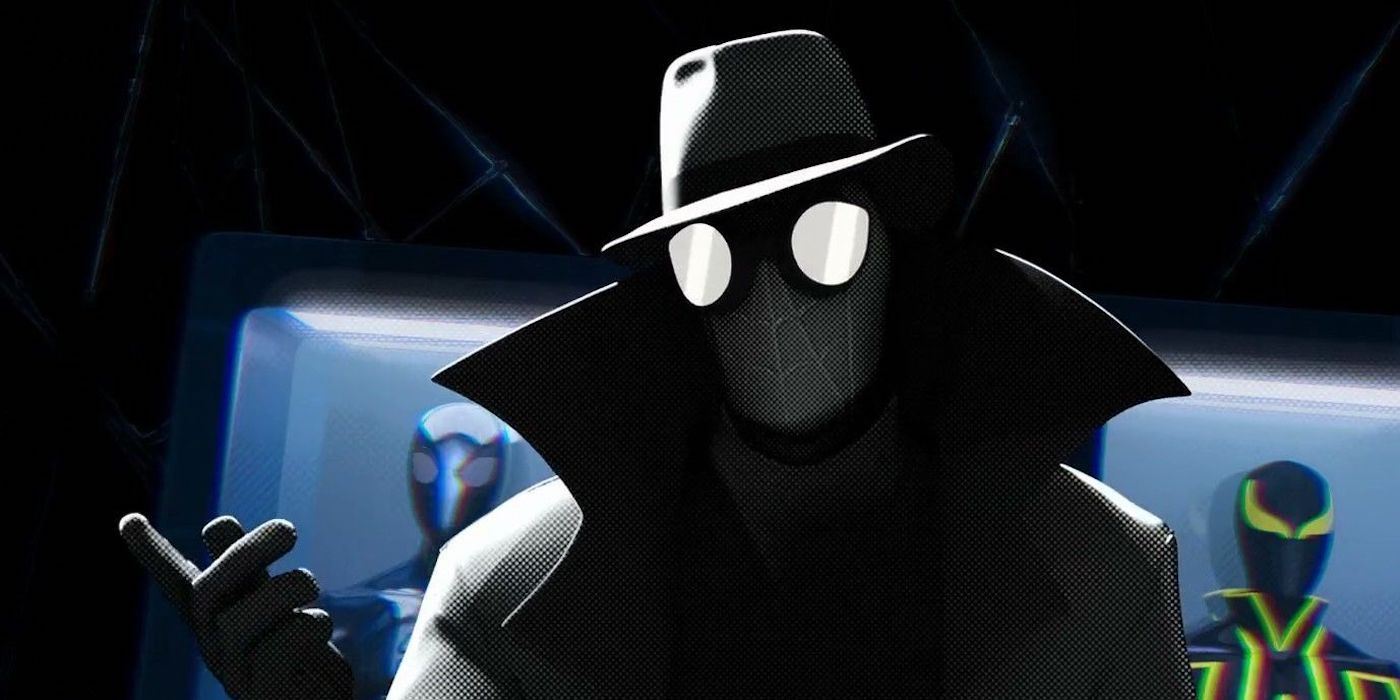 Nicolas Cage as Spider-Man Noir pointing in 'Spider-Man: Into the Spider-Verse'