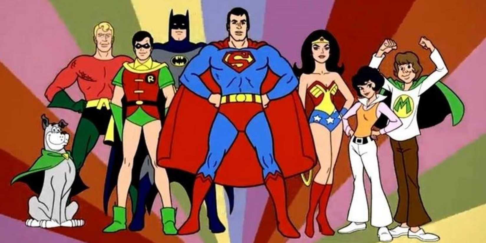 Several DC heroes posing together in the show Super Friends