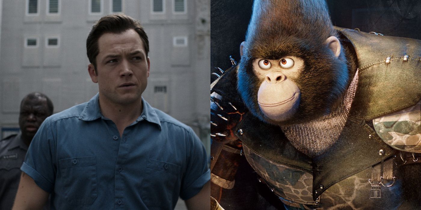 Taron Egerton side-by-side with his Sing 2 character Johnny