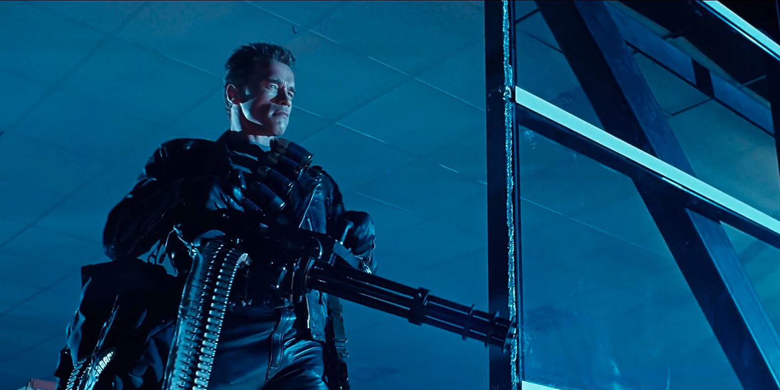 Arnold Schwarzenegger as T800 firing a minigun in Terminator 2: Judgment Day