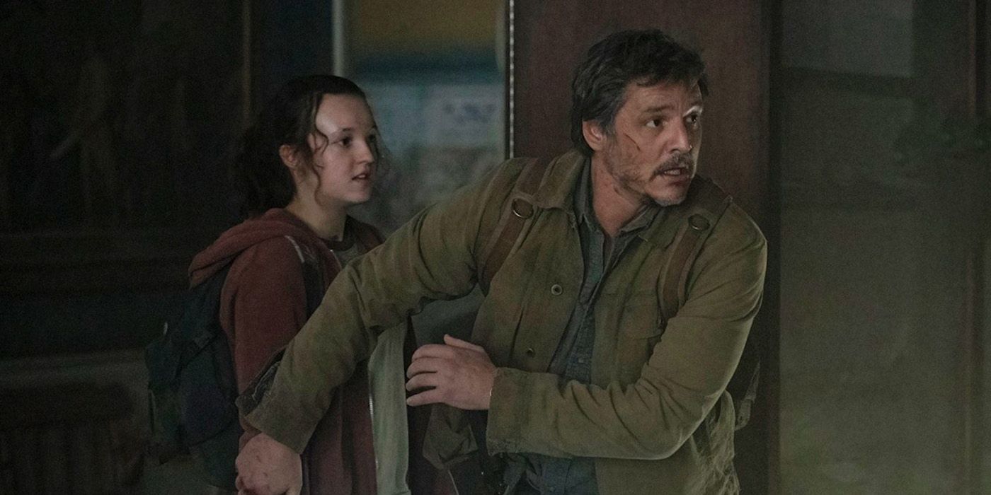 Pedro Pascal en Joel protégeant Bella Ramsey en Ellie dans 'The Last of Us'.