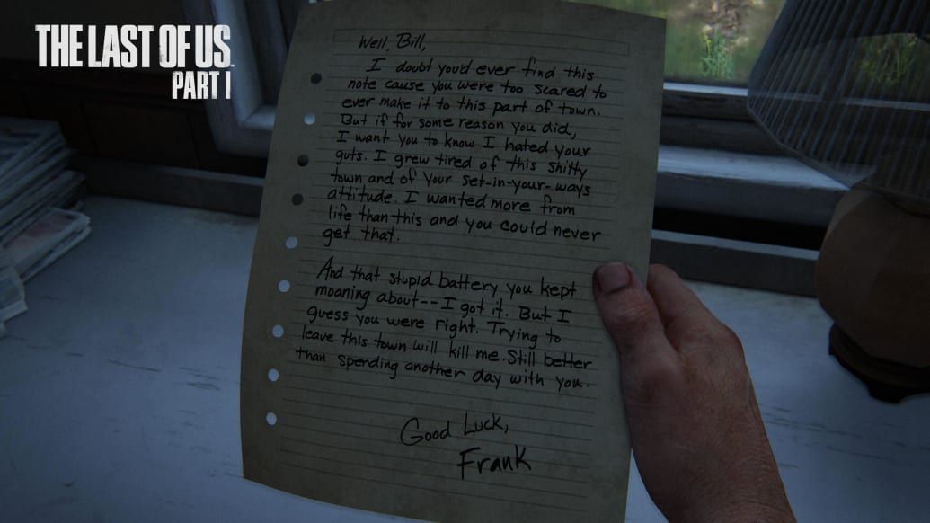 Frank's note to Bill in The Last of Us Part I Game