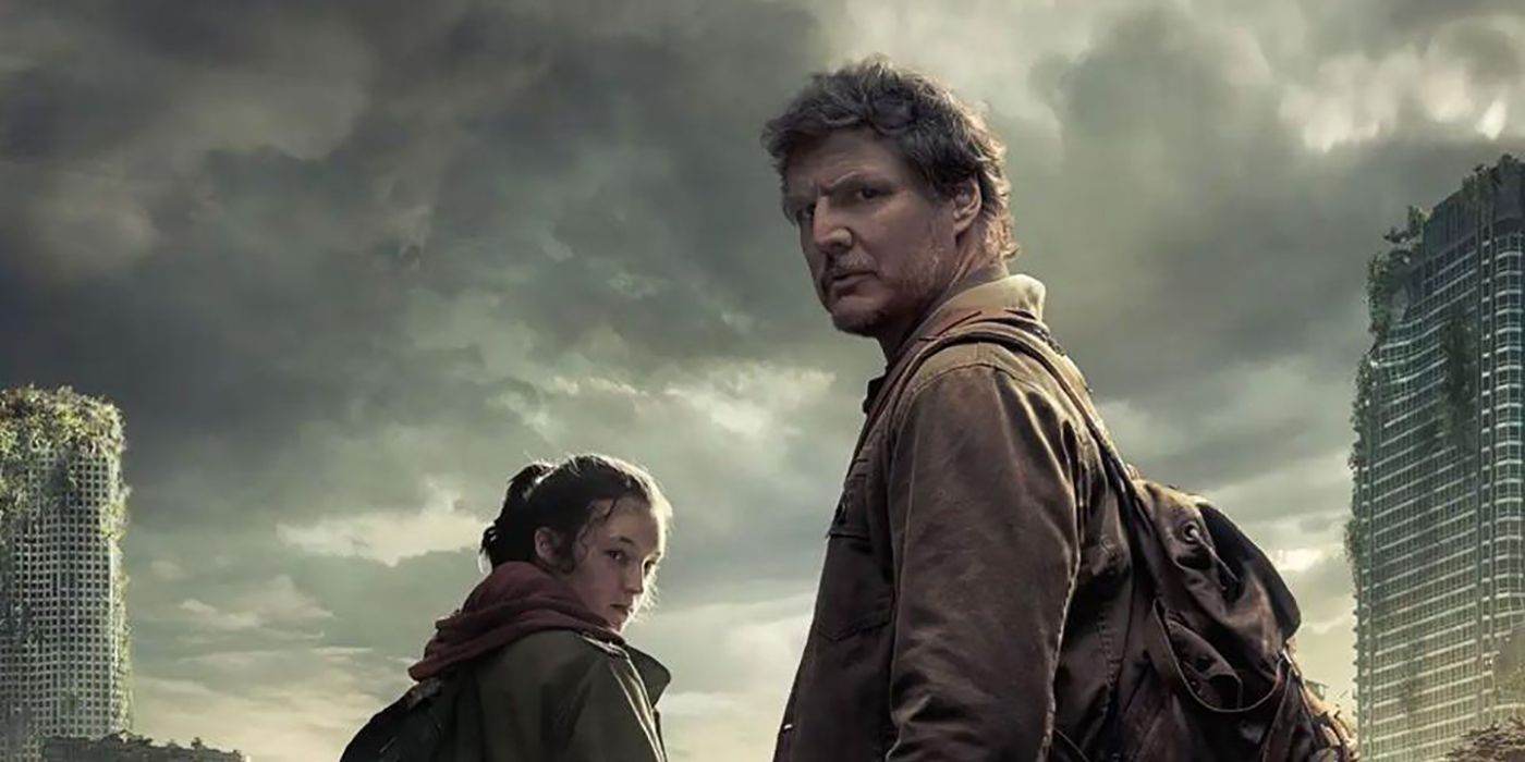 Pedro Pascal as Joel and Bella Ramsey as Ellie in The Last of Us poster looking back
