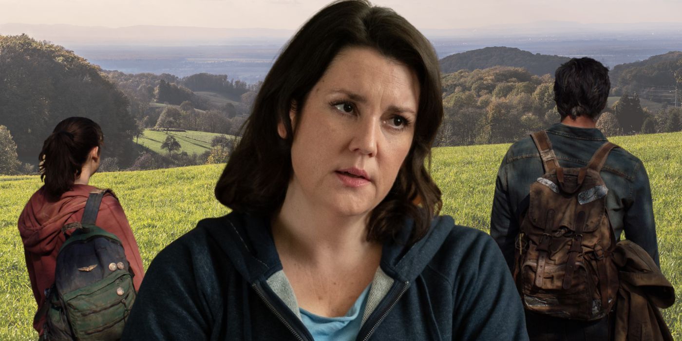 Melanie Lynskey in front of The Last of Us TV show still