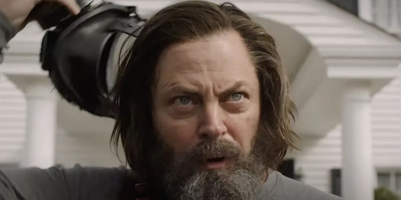 A close up of Nick Offerman as Bill in The Last of Us, looking angry at someone.